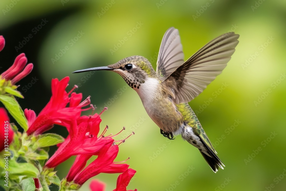 Fototapeta premium Hummingbird hovering near vibrant red flowers in a lush garden during daylight