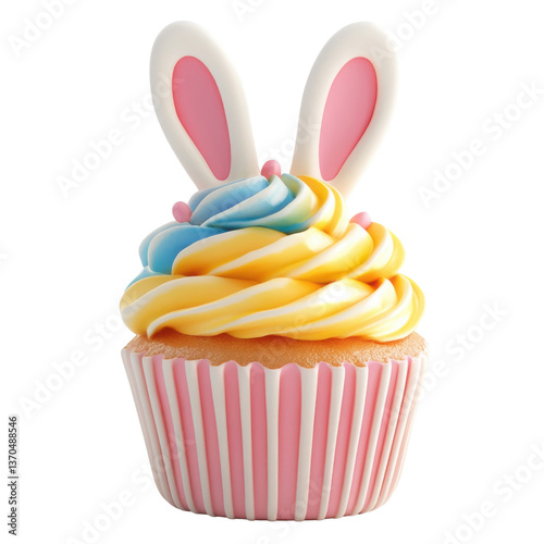3d cupcake with bunny ears, easter illustration on transparent png background