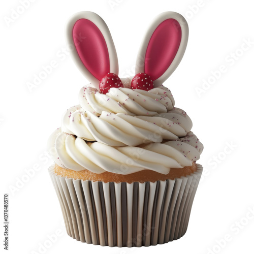 3d cupcake with bunny ears, easter illustration on transparent png background