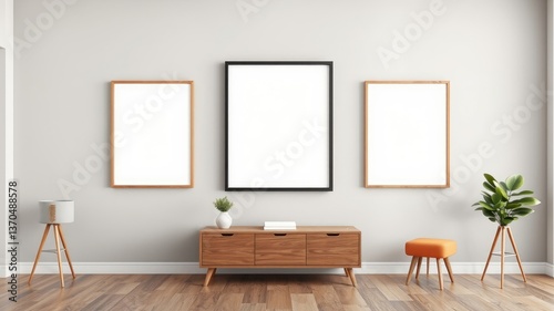 Modern minimalist living room interior with three blank frames and wooden furniture