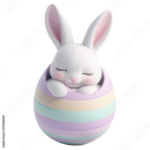 3d cute bunny sleeping inside a pastel easter egg, easter illustration on transparent png background