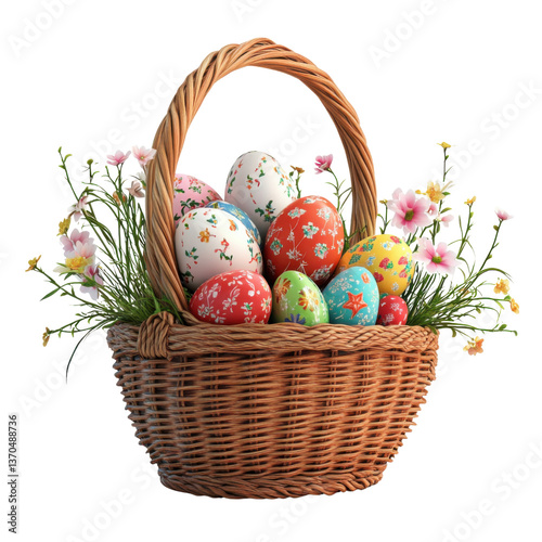 3d easter gift basket full of eggs and flowers, easter illustration on transparent png background