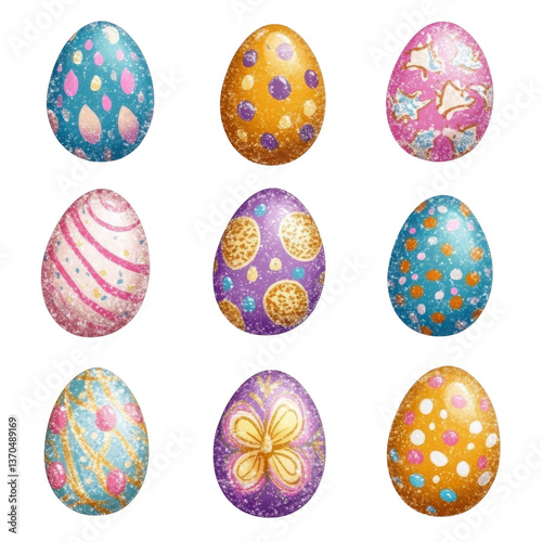 3d glittery easter stickers set, easter illustration on transparent png background