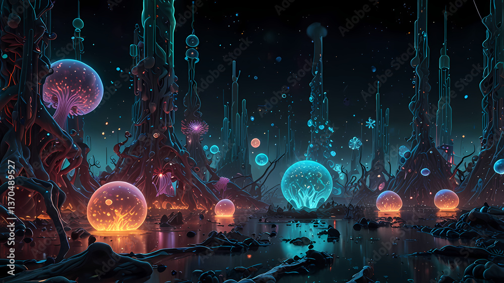 Obraz premium Neon Microbes: A Sci-Fi Inspired Bacterial World