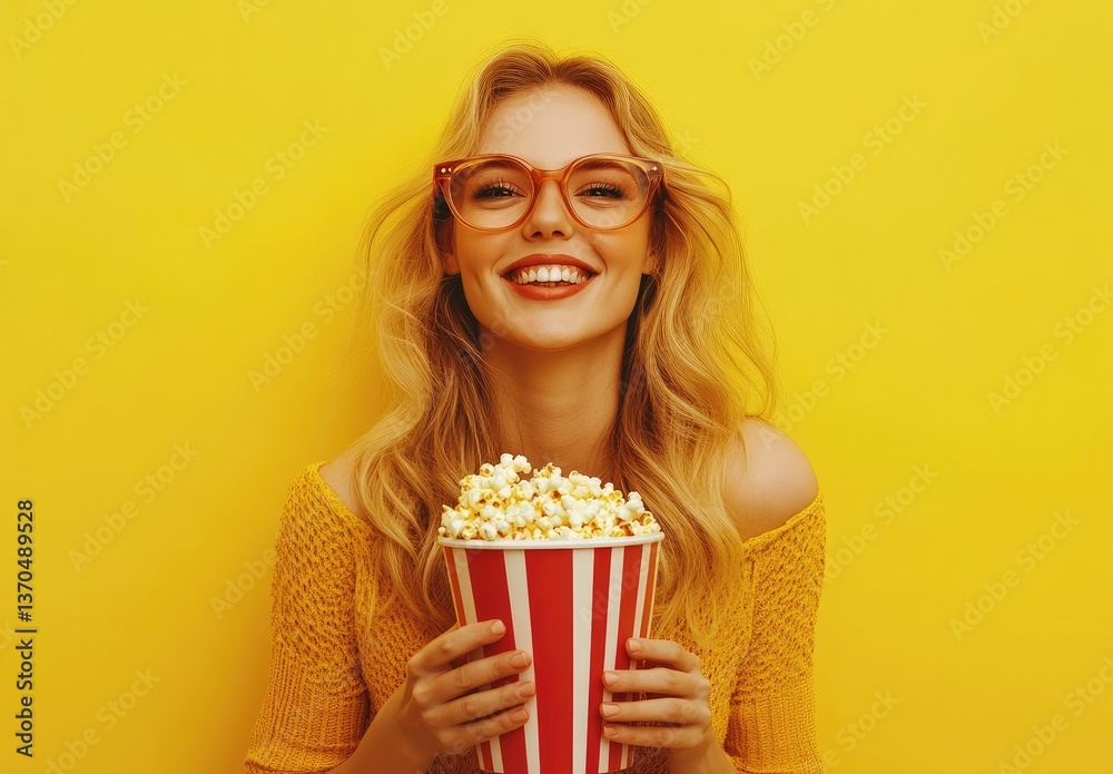 A beautiful, smiling woman with long, blonde hair is wearing a colorful summer dress and 3D glasses A beautiful, smiling woman with long, blonde hair is wearing a colorful summer dress and 3D glasses