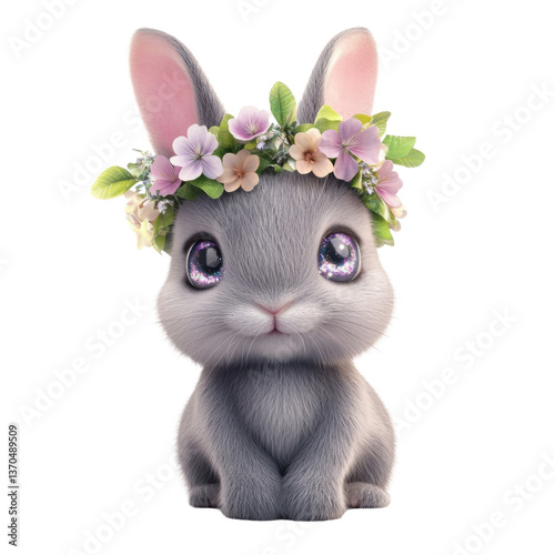 3d small bunny with a flower crown and sparkly eyes, easter illustration on transparent png background