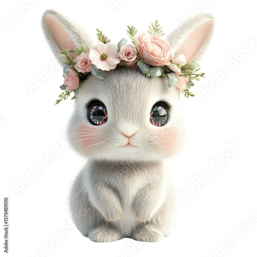 3d small bunny with a flower crown and sparkly eyes, easter illustration on transparent png background
