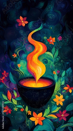 Vibrant flame dances within a dark bowl, encircled by lush, colorful flora against a deep, mystical background