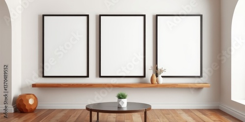 Minimalist interior design with three blank frames above a wooden shelf and a low table