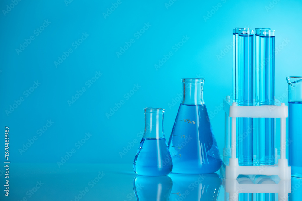 Laboratory glassware with liquid on mirror surface against blue background. Space for text Laboratory glassware with liquid on mirror surface against blue background. Space for text
