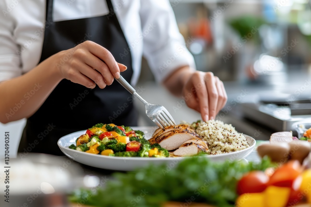 A chef meticulously plating a nutritious meal featuring grilled chicken, quinoa, and a vibrant mixture of fresh vegetables, emphasizing health and culinary skills. A chef meticulously plating a nutritious meal featuring grilled chicken, quinoa, and a vibrant mixture of fresh vegetables, emphasizing health and culinary skills.