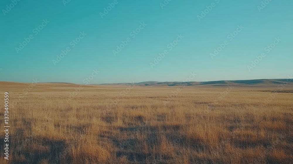 A large grassy field stretches towards distant rolling hills and sky A large grassy field stretches towards distant rolling hills and sky