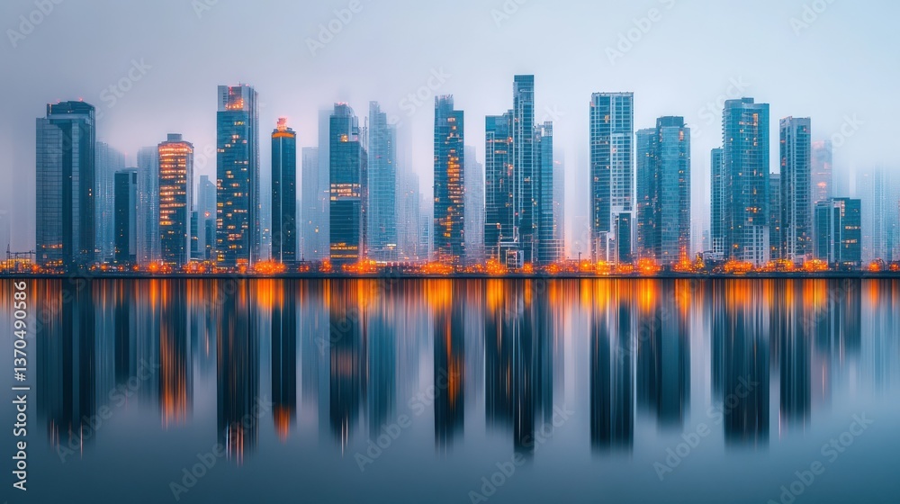Fototapeta premium Skyscrapers Illuminated Reflecting Calm Waters In A Foggy Cityscape