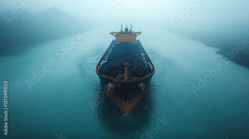 A large cargo ship sails through a misty waterway