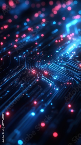 Abstract Futuristic AI Technology Concept: Intricate Circuitry and Glowing Red Lights Representing Artificial Intelligence and Digital Innovation