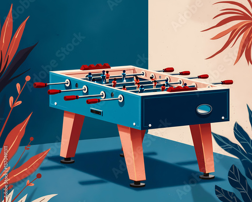 vibrant teal foosball table with coral legs set against a background of stylized leaves.