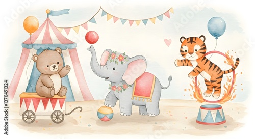 Watercolor Circus Scene with Animals