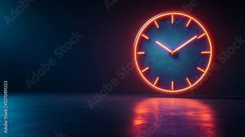 Neon clock glows on dark background, reflecting light.  Time concept