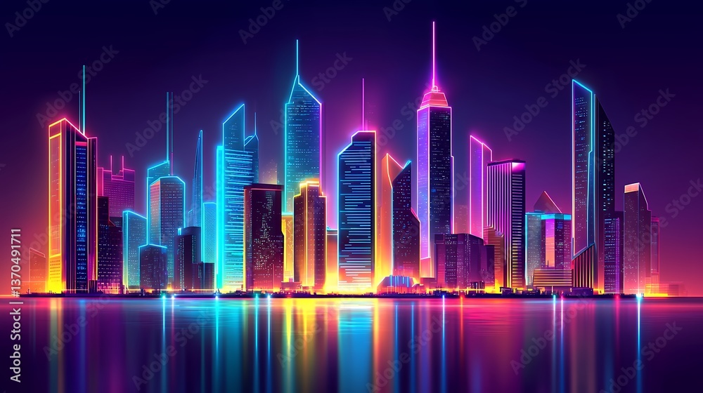 Obraz premium Vibrant cityscape at night, reflecting in calm water. Neon lights illuminate skyscrapers in various colors. A futuristic, stylized illustration
