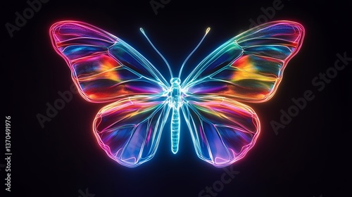 Vibrant, iridescent butterfly with translucent wings, glowing in neon colors against a black background.  Detailed, almost glass-like texture