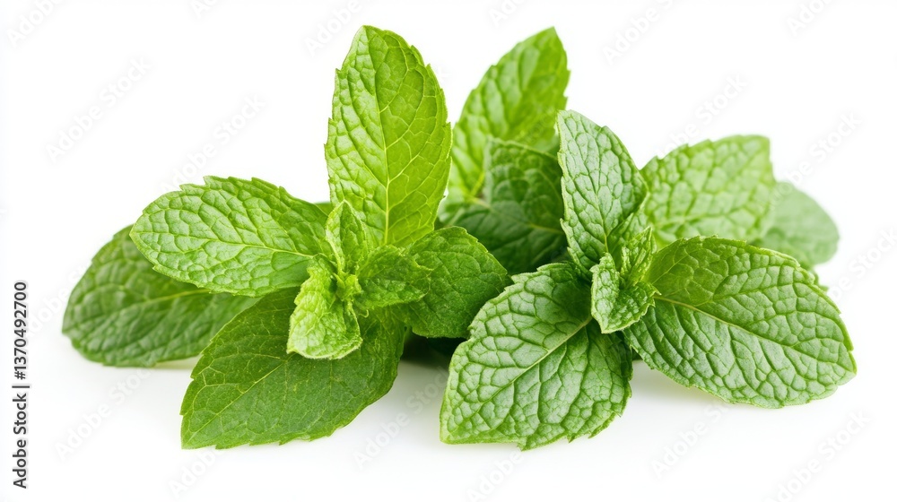 Set of green mint leaves isolated on white, top view Set of green mint leaves isolated on white, top view
