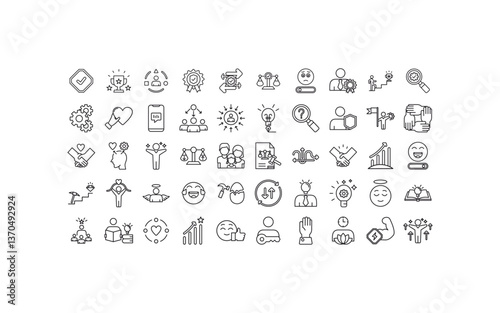 50 icon set core values ​​with line style. such as acceptance, achievement, adaptability, balance, expert etc. vector easy to edit eps file.