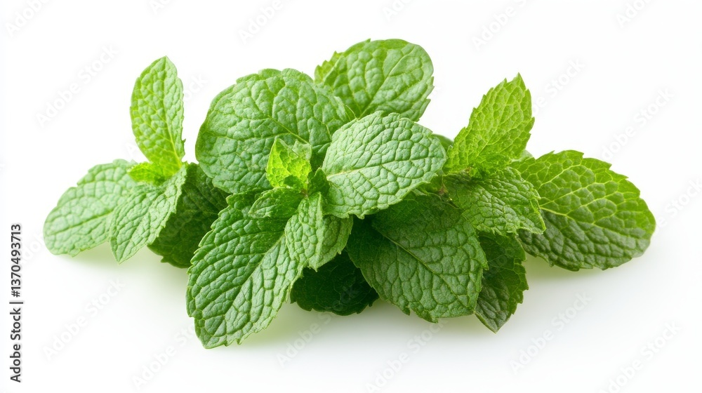 Set of green mint leaves isolated on white, top view Set of green mint leaves isolated on white, top view