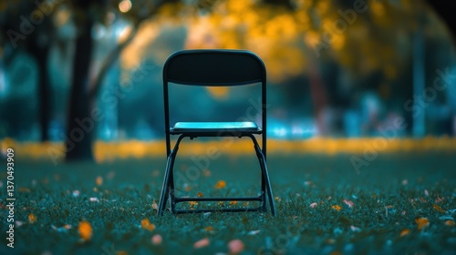 A black folding chair rests on a grassy field outdoors