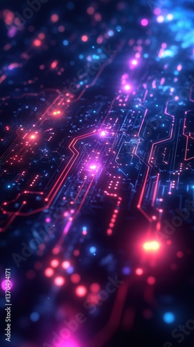 Abstract Futuristic AI Technology Concept: Intricate Circuitry and Glowing Red Lights Representing Artificial Intelligence and Digital Innovation