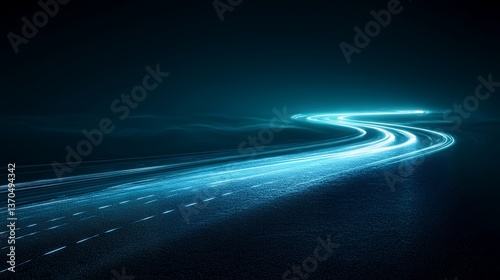 A winding road at night, illuminated by the bright streaks of headlights.  The dark landscape creates a sense of mystery and movement