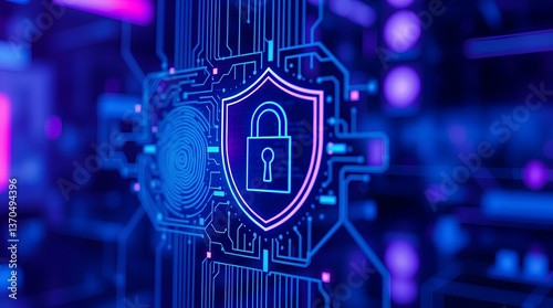 Digital Fortress: Cybersecurity Shield with Biometric Protection in Neon Futuristic Interface