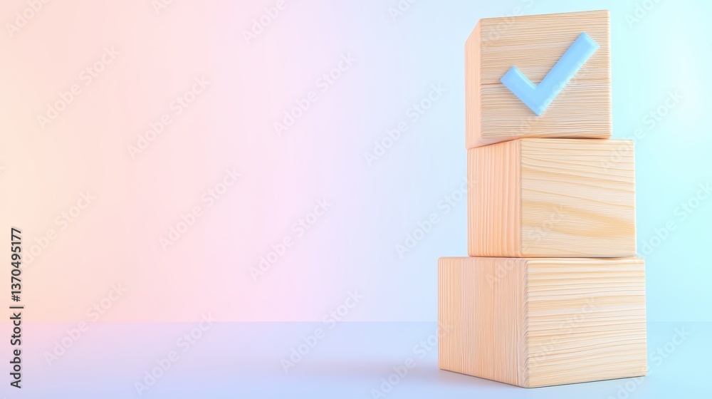 Obraz premium Three wooden blocks stacked with a blue checkmark on top, set against a soft pastel background, symbolizing completion or success.
