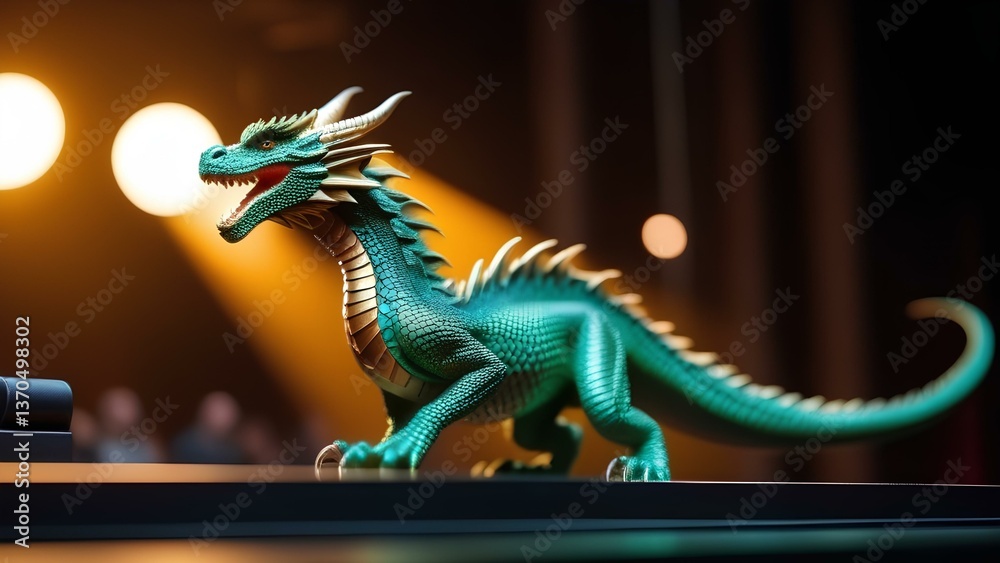 Fototapeta premium Green dragon on stage in the spotlight 