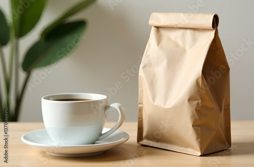Cup of coffee and a craft bag for sandwiches on table
