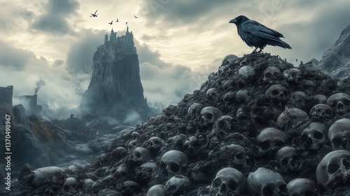 A haunting landscape of a skull pile and a lone crow, symbolizing the somberness of a bygone era.