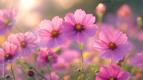 Delicate pink cosmos flowers bloom brightly in a sunlit field showcasing their vibrant petals and gentle stems.