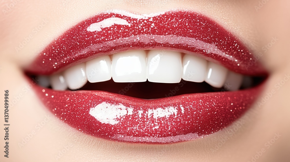 Obraz premium Glossy red lips with a hint of sparkle.