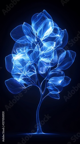 Glowing blue tree with translucent leaves, dark background.  Intricate, ethereal design