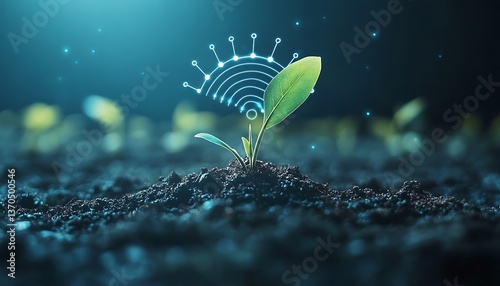 Smart farming, seedling with digital wifi signal.