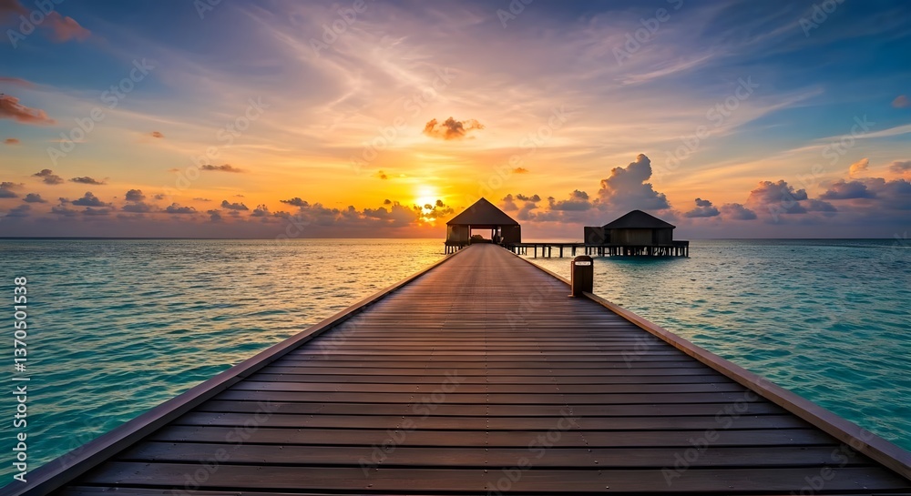 Obraz premium A serene sunset over the Maldives, with a wooden pier extending into the glowing ocean and palm trees swaying in the breeze, Ai Generated