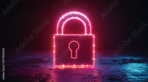 Glowing neon padlock symbol on dark background, reflecting on wet surface.  Cybersecurity concept