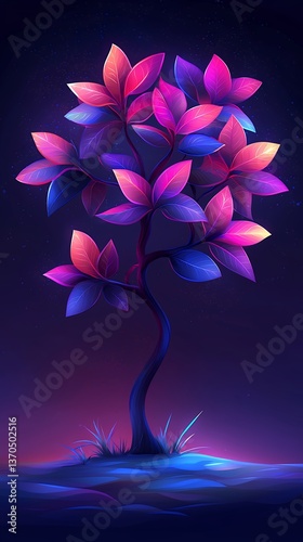 Glowing neon tree with vibrant pink and blue leaves against a dark background.  Intricate detail in leaves and stem