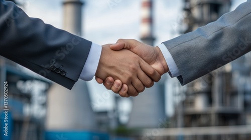 Double exposure graphic of business people handshake over  thermal electic power station, factory. Deal in the industry