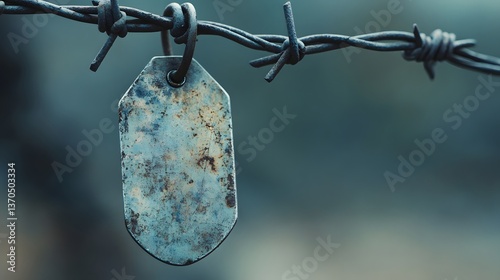 Rusty dog tag on barbed wire fence