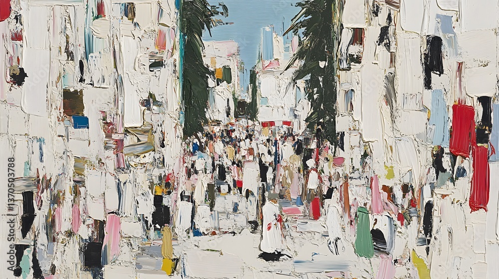 Fototapeta premium Impressionist Street Scene Painting Crowd People Cityscape