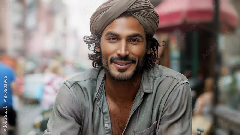 Smiling young man in turban standing confidently on urban street, embodying cultural pride with warm, bright expression