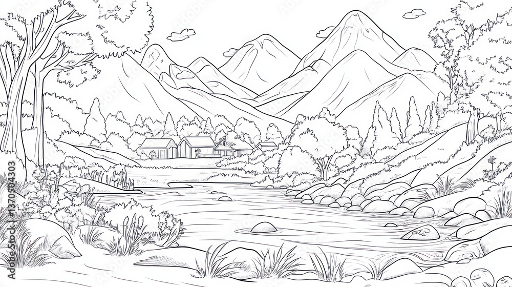 Mountain valley river, nature scene, black and white, coloring book Mountain valley river, nature scene, black and white, coloring book
