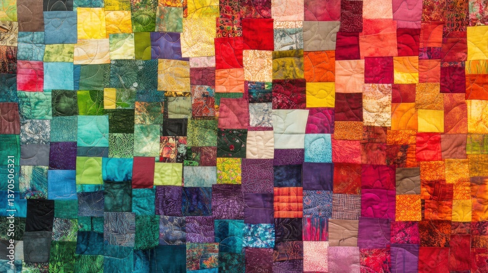 A quilt made of multi-colored fabric patches, creating a stunning, vibrant composition A quilt made of multi-colored fabric patches, creating a stunning, vibrant composition