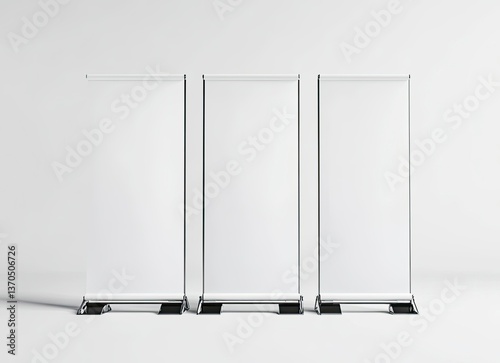 Three Blank Roll Up Banners Standing Against a White Background Mockup