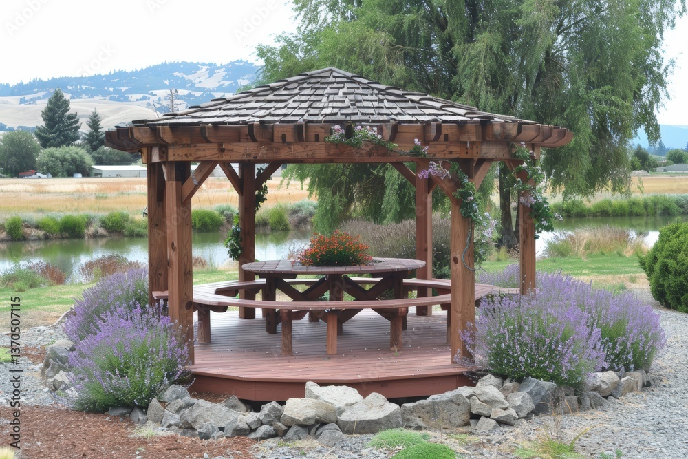 Obraz premium A charming wooden gazebo surrounded by lavender and greenery, overlooking a serene pond and distant hills.